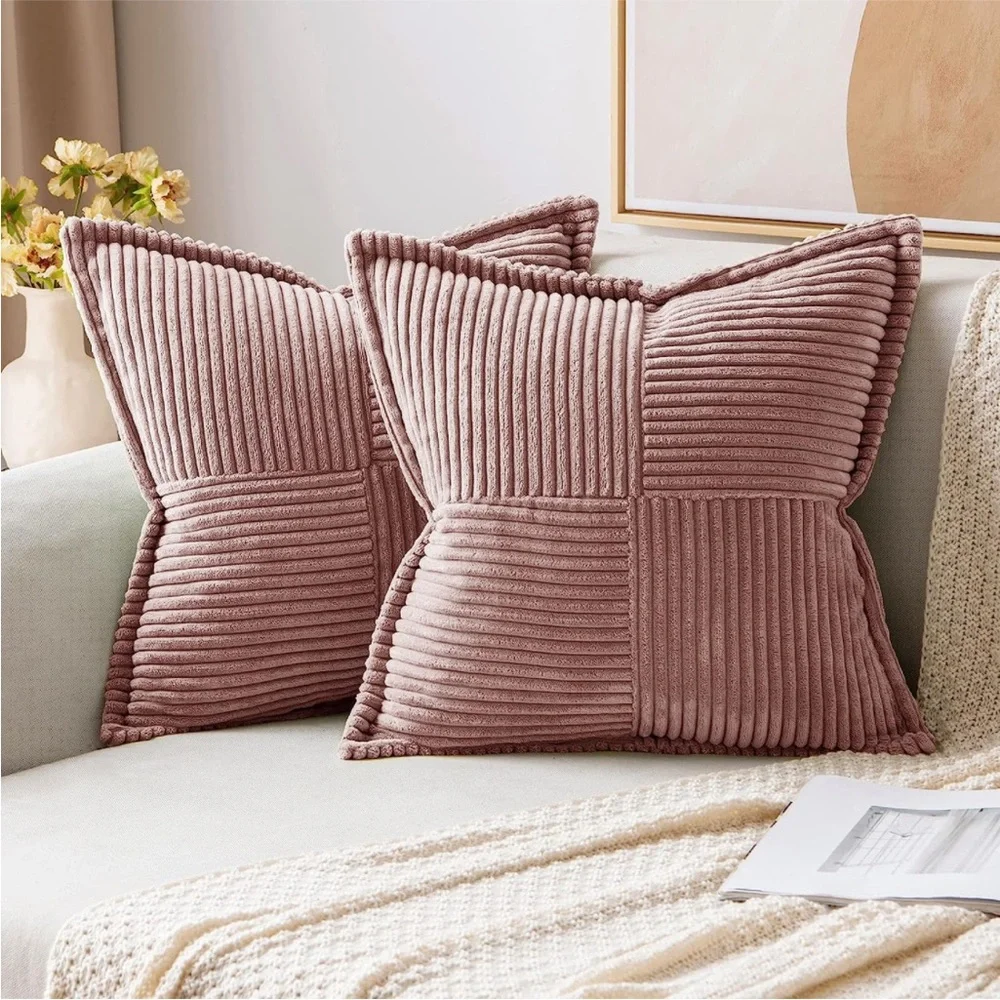 Pale Dusty Pink Stripe Texture Corduroy Farmhouse Luxury Soft Pillow Cover Set